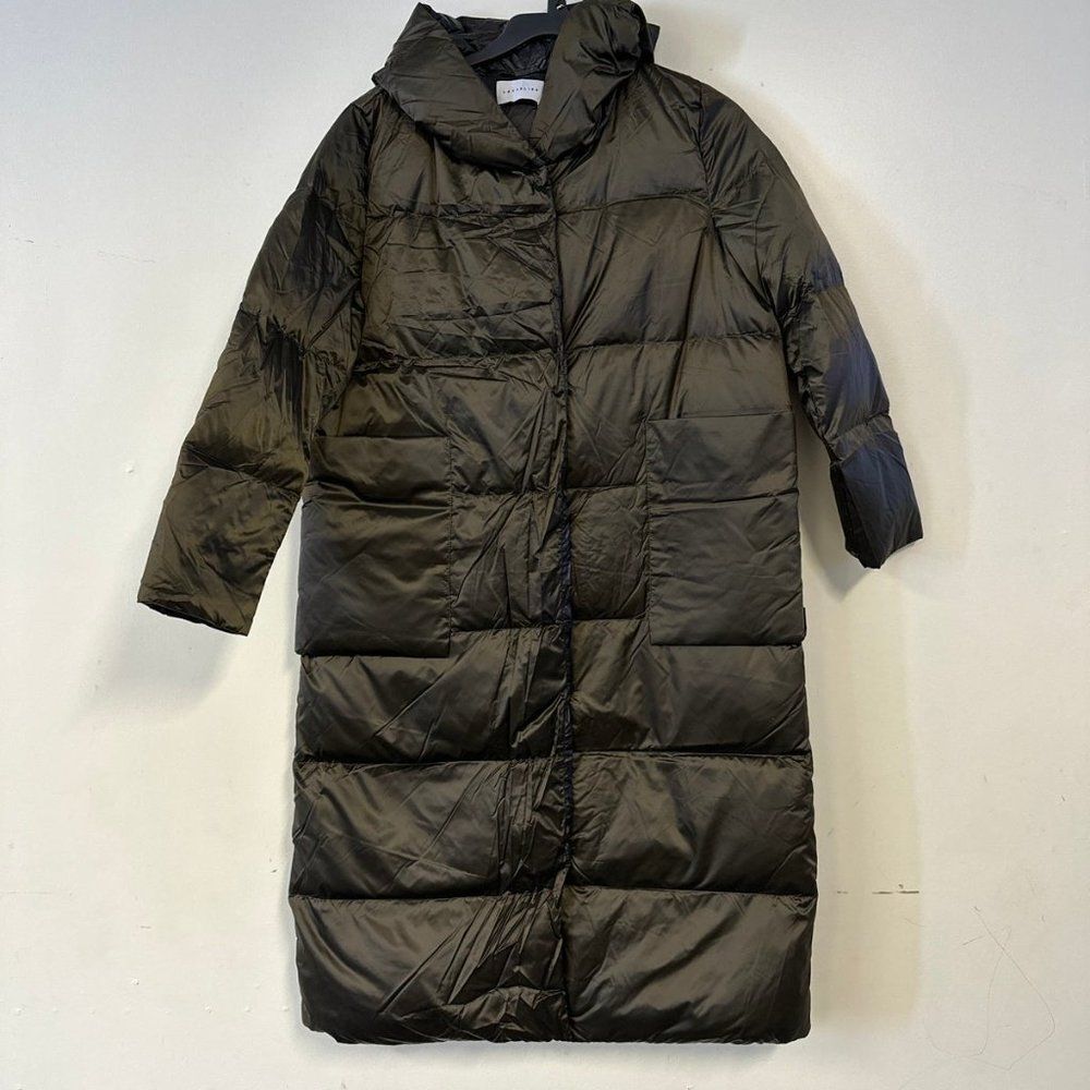 Women's Lattelier NWOT Dark Green Puffer Trench Coat Zip Up Jacket Large